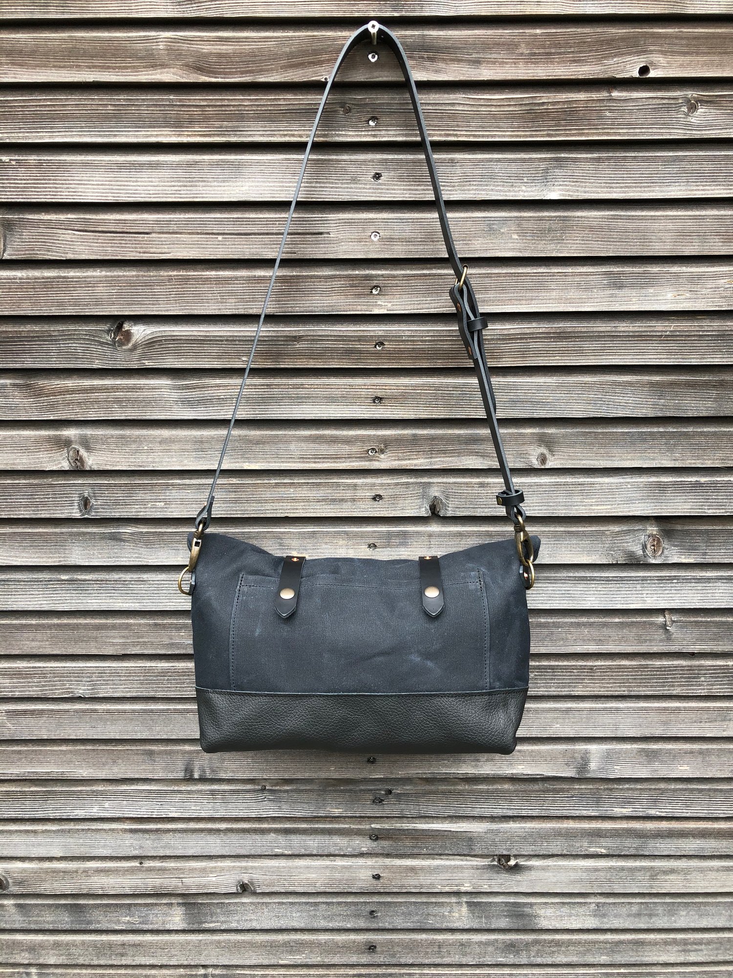 Image of Black waxed canvas and leather satchel / messenger bag / canvas day bag