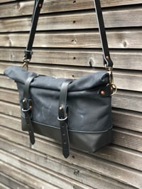 Image 1 of Black waxed canvas and leather satchel / messenger bag / canvas day bag