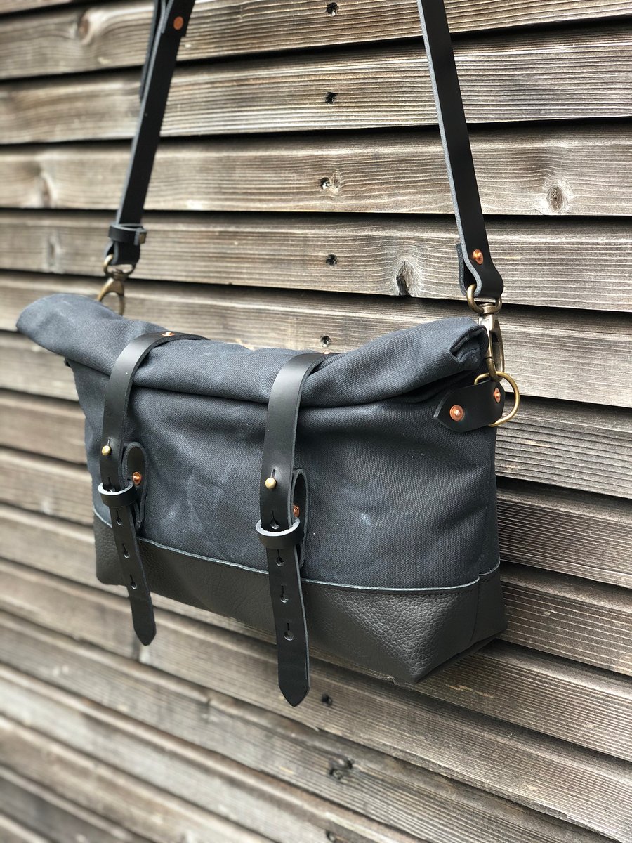 Image of Black waxed canvas and leather satchel / messenger bag / canvas day bag