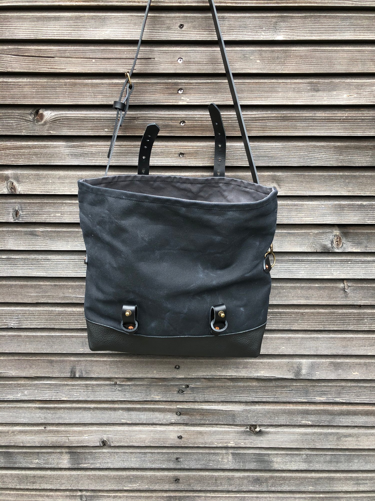 Image of Black waxed canvas and leather satchel / messenger bag / canvas day bag