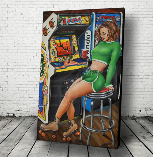 Image of Dig Dug Jeremy Worst Original Painting Arcade Series Gamer Girl Roller Skates