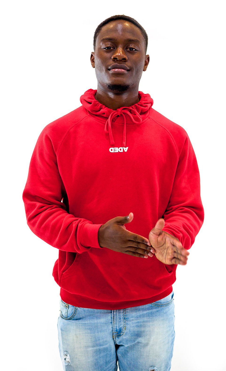 Red champion hoodie 2025 with white logo