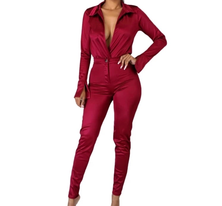 Satin Deep V design Collar Bodysuit w/ Button Stretch Pants