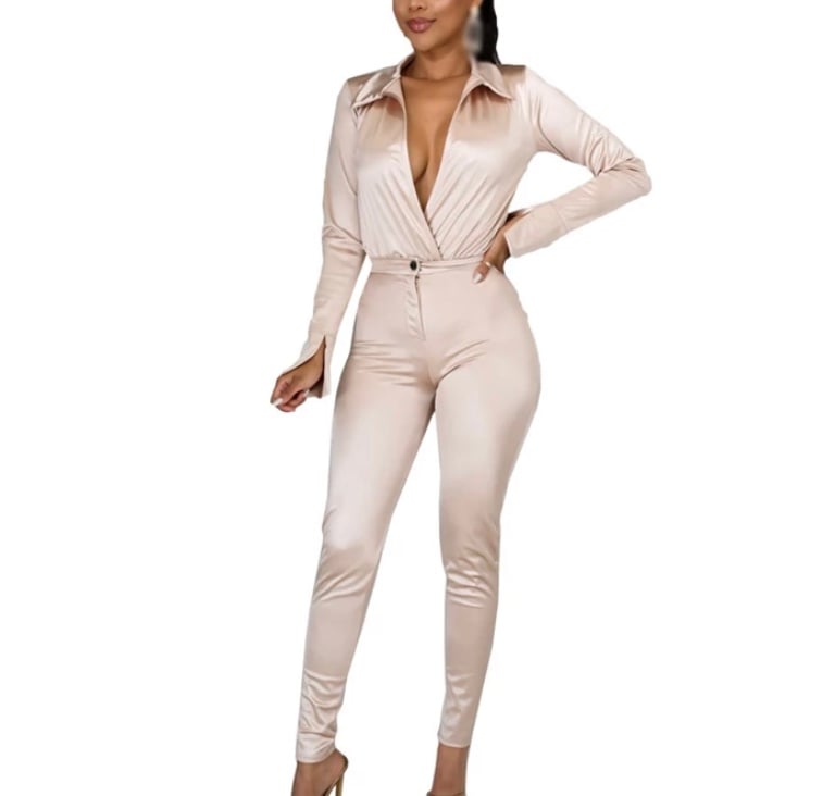 Satin Deep V design Collar Bodysuit w/ Button Stretch Pants