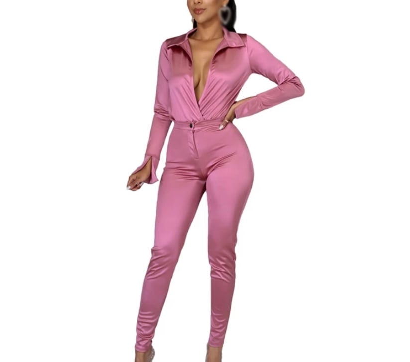 Satin Deep V design Collar Bodysuit w/ Button Stretch Pants