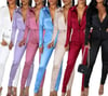 Satin Deep V design Collar Bodysuit w/ Button Stretch Pants