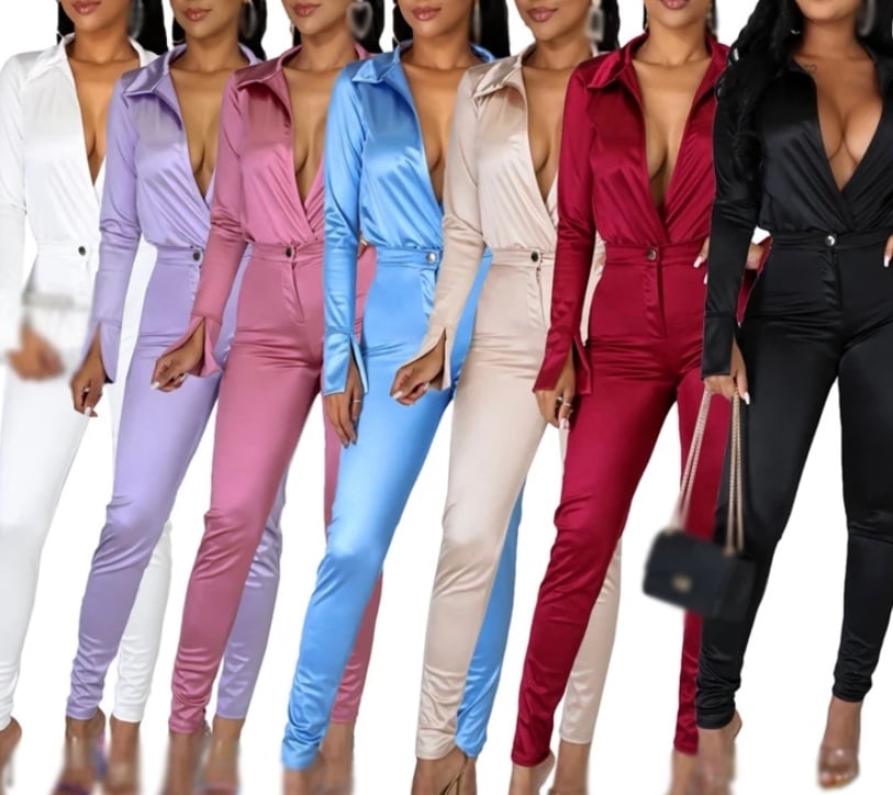 Satin Deep V design Collar Bodysuit w/ Button Stretch Pants