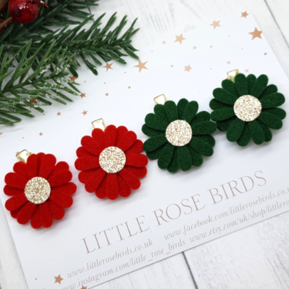 Red / Green Daisy Pigtail Clip Set
