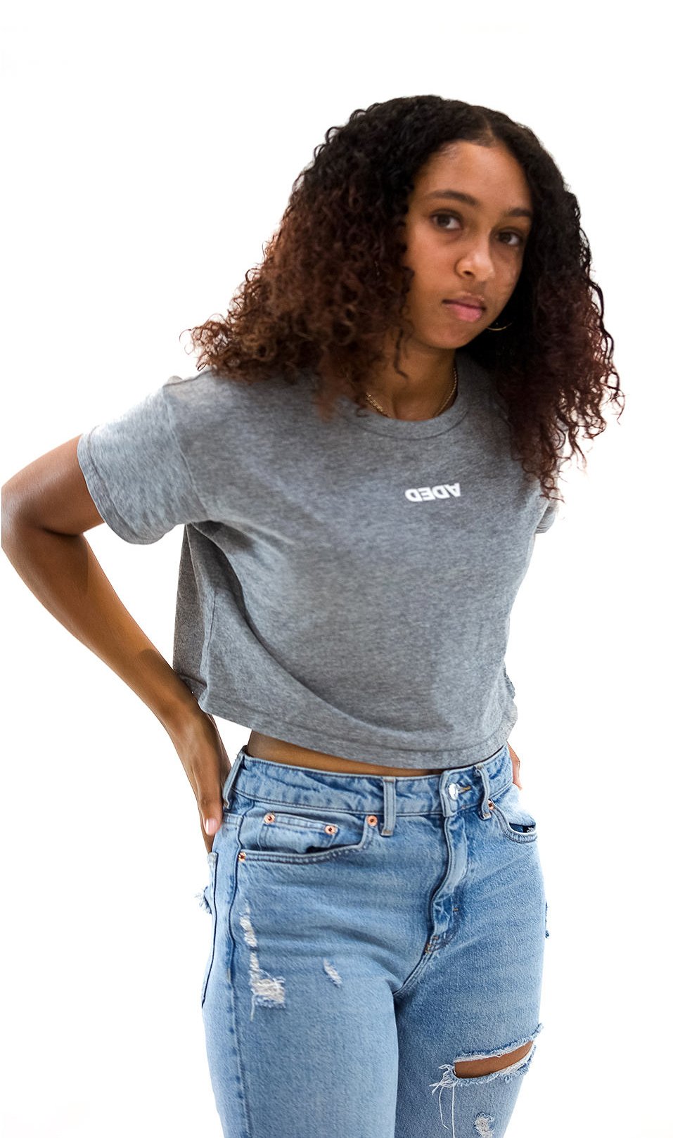 Image of DEDA WOMENS GREY CROP T WHITE LOGO