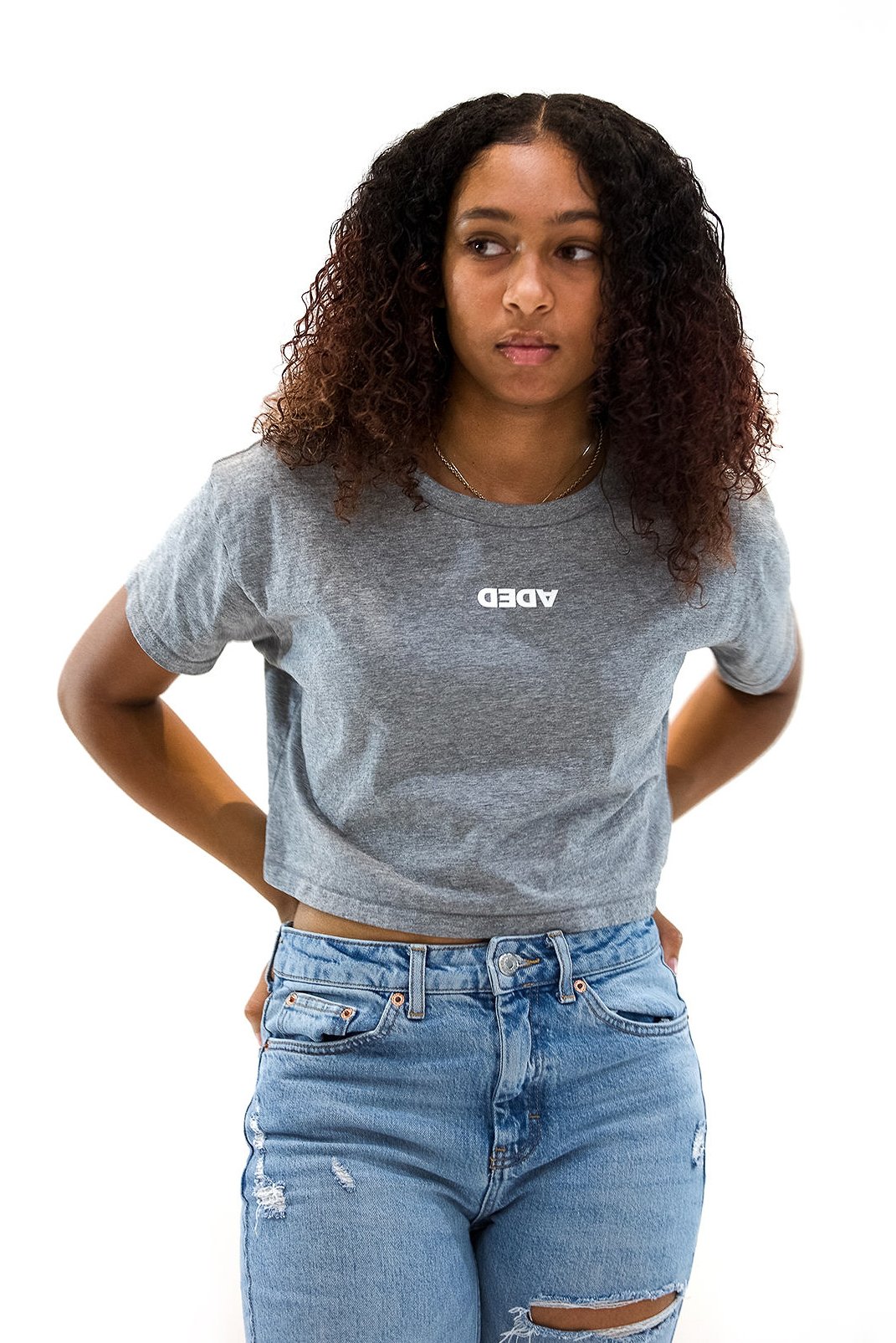 Image of DEDA WOMENS GREY CROP T WHITE LOGO