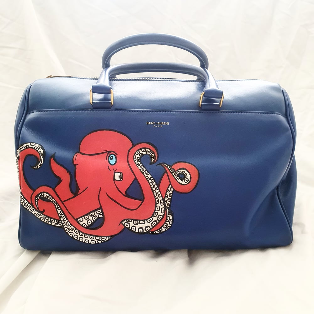Hand Painted Octopus on Saint Laurent Duffle 6 Leather Bag