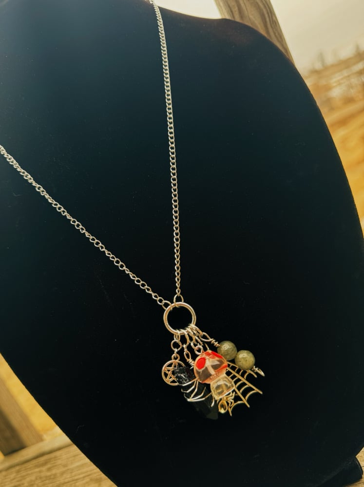Image of "Protection" Charm Necklace w/ Black Obsidian & Labradorite (Glow in the Dark Mushroom!)