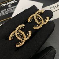 Image 5 of Black Leather Double Chanel Earrings with Pearls & Crystals