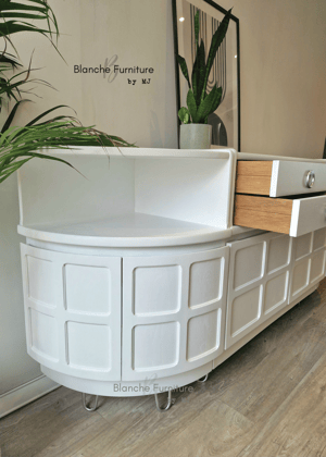 Image of Nathan Curved sideboard in White with Silver handles and legs