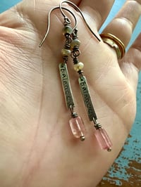 Image 6 of Balance charm earrings with opals and pink tourmaline