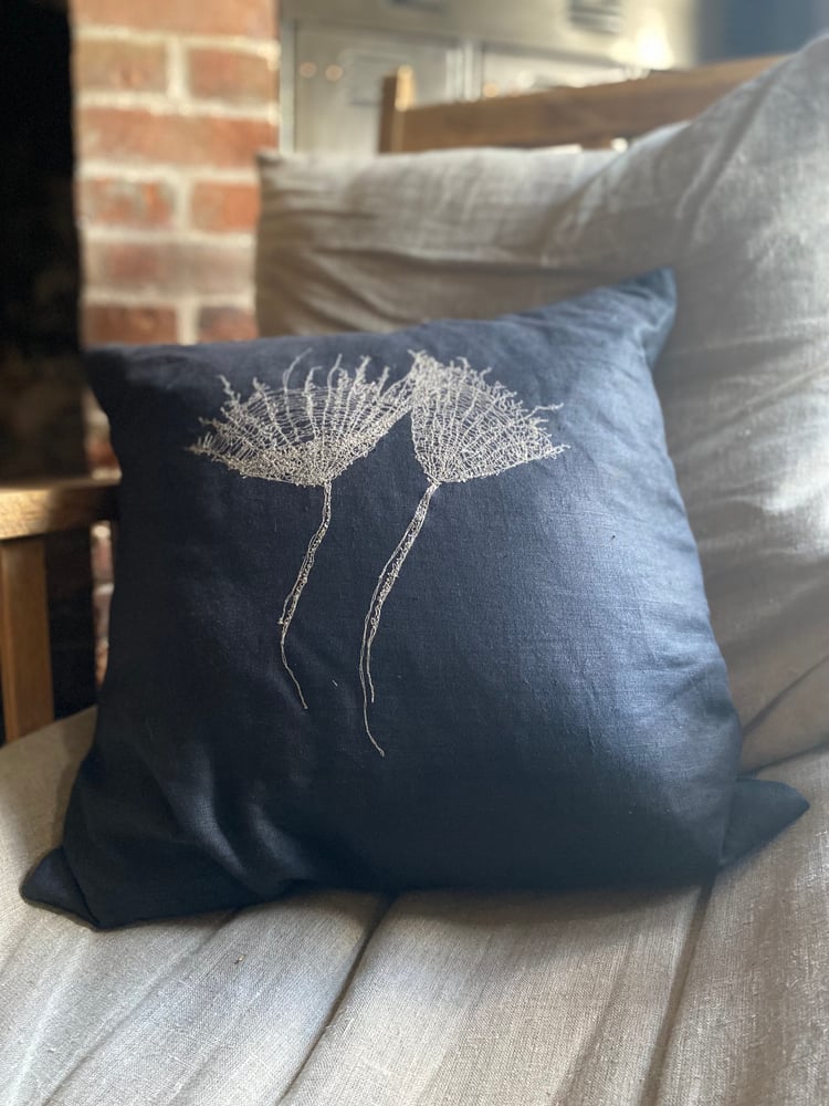 Image of Black linen embroidered cushion