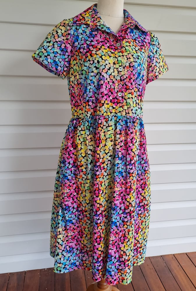 Image of BUTTON UP DRESS in CONFETTI PRINT.  Available in SMALL & LARGE