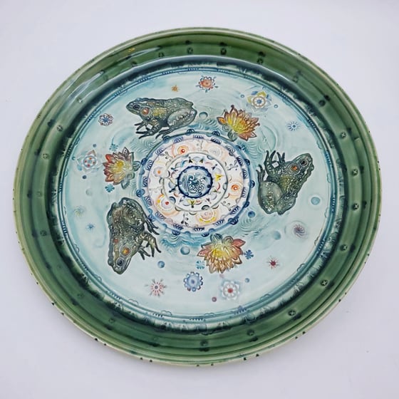 Image of Handpainted Lotus Frog Pond Mandala Plate