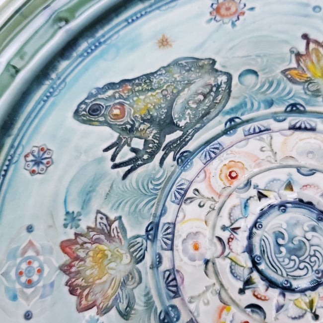 Handpainted Lotus Frog Pond Mandala Plate