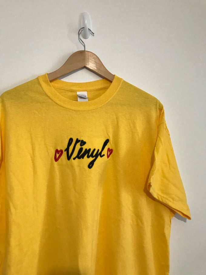Image of 'Vinyl sweethearts embroidered tee' - Yellow