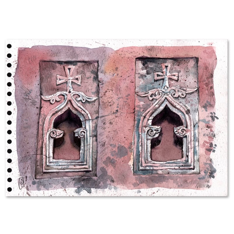 Image of Original Painting - "Fenêtres d'église à lalibela" - 21x30 cm