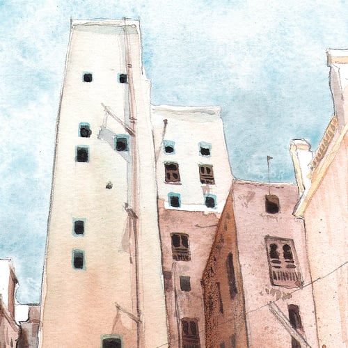 Image of Original Painting - "Les gratte-ciel de Shibam - Yemen" - 21x30 cm