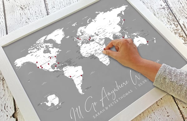 Image of Labeled World I’ll Go Anywhere Personalized Unframed World Map Print in Gray