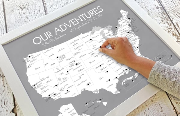 Image of USA Vacation Map / Unframed Personalized Couples Map Print in Gray / Our Adventures