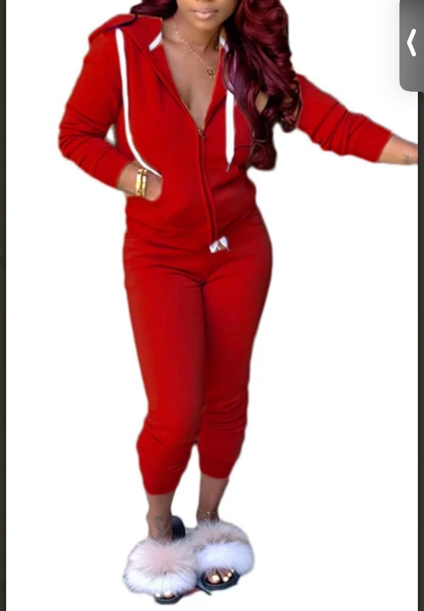 all red jogging suit