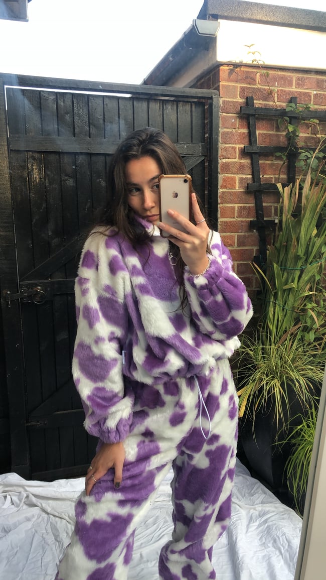 Luxury handmade purple cow print faux fur joggers