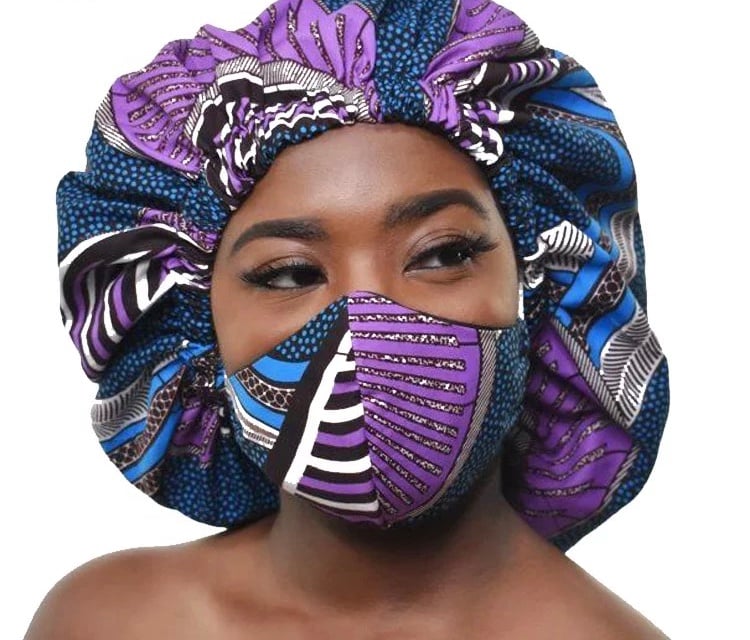 Image of 2 Piece Head Bonnet with Matching Face Mask in African Print Fabric | Lined with silk | Reversible |