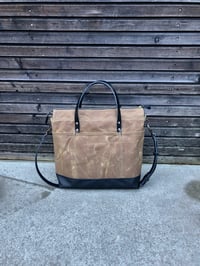 Image 3 of Office tote bag in waxed canvas with luggage handle attachment leather handles and shoulder strap