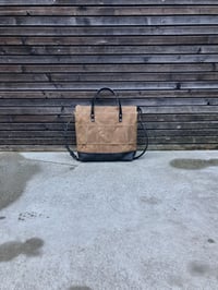 Image 2 of Office tote bag in waxed canvas with luggage handle attachment leather handles and shoulder strap
