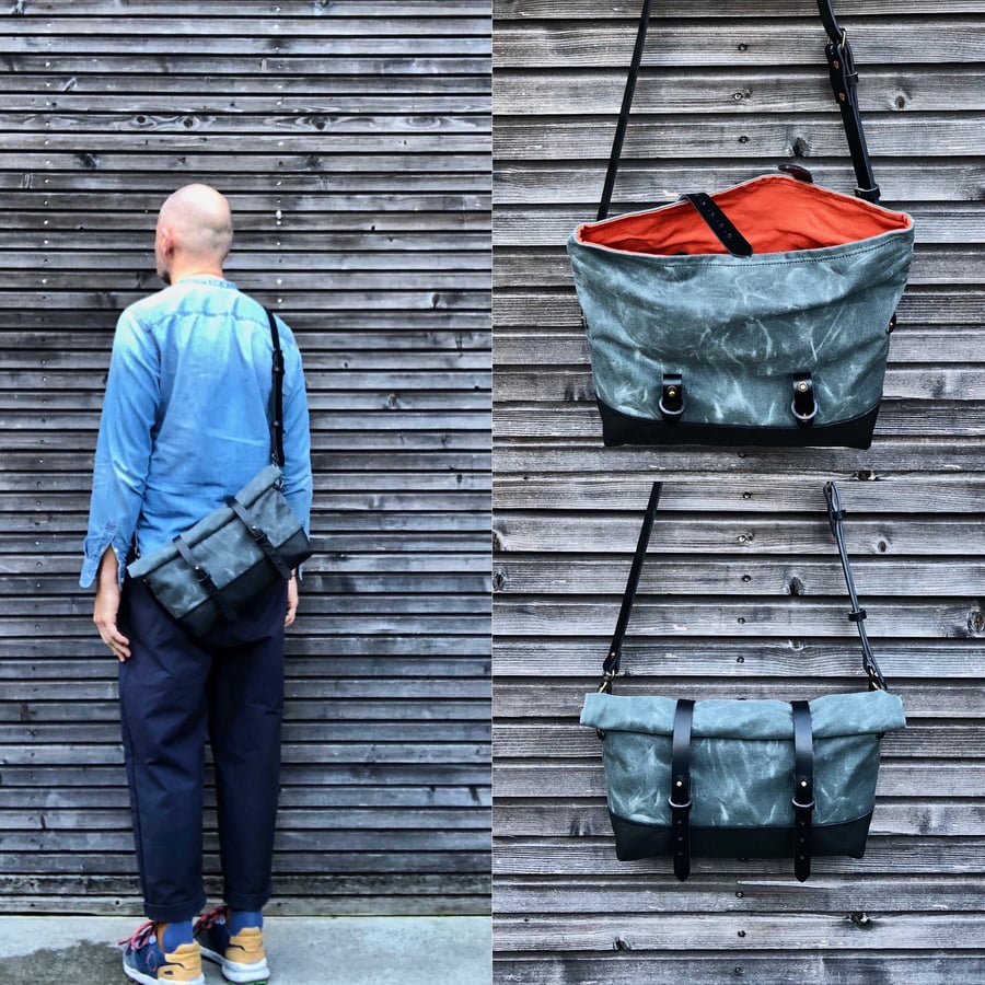 Image of Grey waxed canvas and leather satchel / messenger bag / canvas day bag