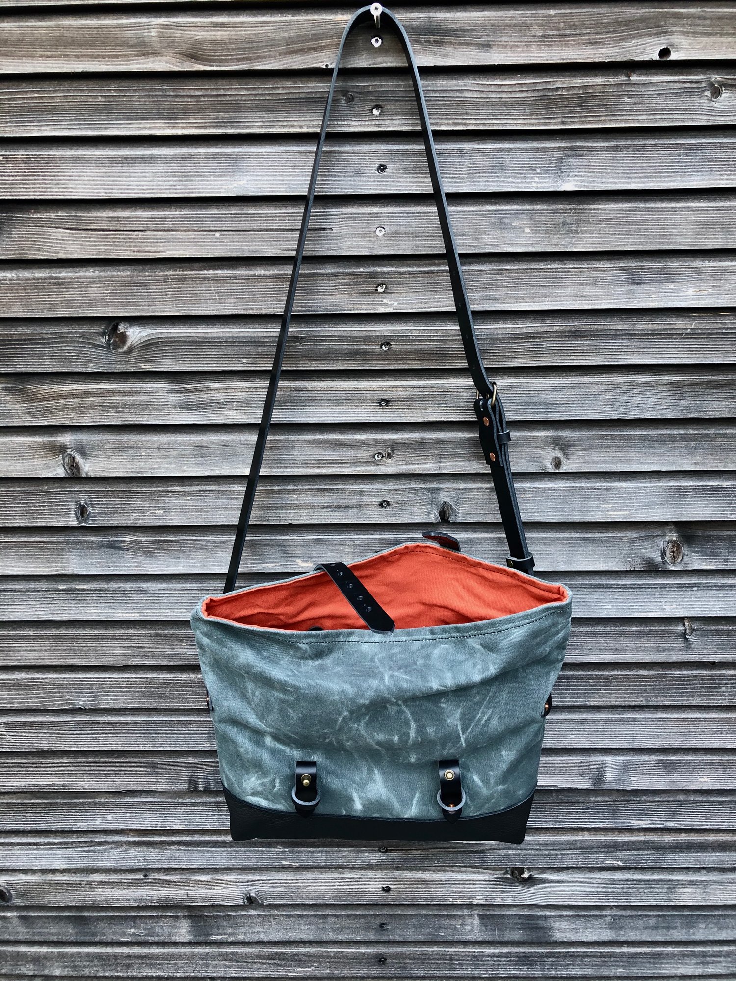 Image of Grey waxed canvas and leather satchel / messenger bag / canvas day bag