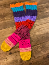 Image 3 of Thigh High Crochet Socks Yellow Toe 