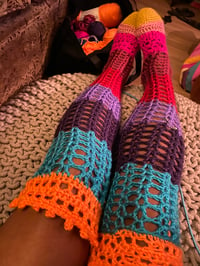Image 2 of Thigh High Crochet Socks Yellow Toe 