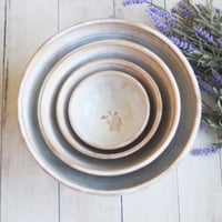 Image 2 of Set of Four Rustic Mixing Bowls in Dripping White and Ocher Glaze Ready to Ship