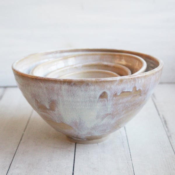 Image of Set of Four Rustic Mixing Bowls in Dripping White and Ocher Glaze Ready to Ship