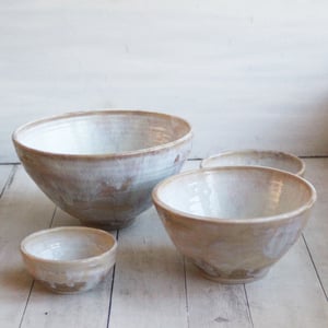 Image of Set of Four Rustic Mixing Bowls in Dripping White and Ocher Glaze Ready to Ship