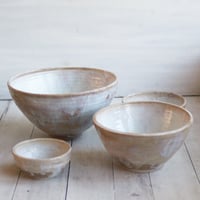 Image 4 of Set of Four Rustic Mixing Bowls in Dripping White and Ocher Glaze Ready to Ship