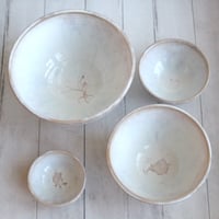 Image 5 of Set of Four Rustic Mixing Bowls in Dripping White and Ocher Glaze Ready to Ship