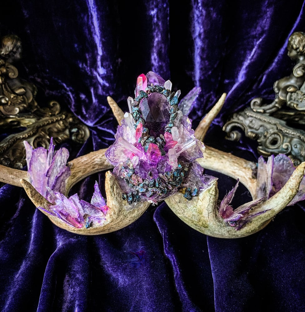 Image of Purple Mica Butterfly Aura Quartz Clear Quartz  & Chalcopyrite - Antler Crown