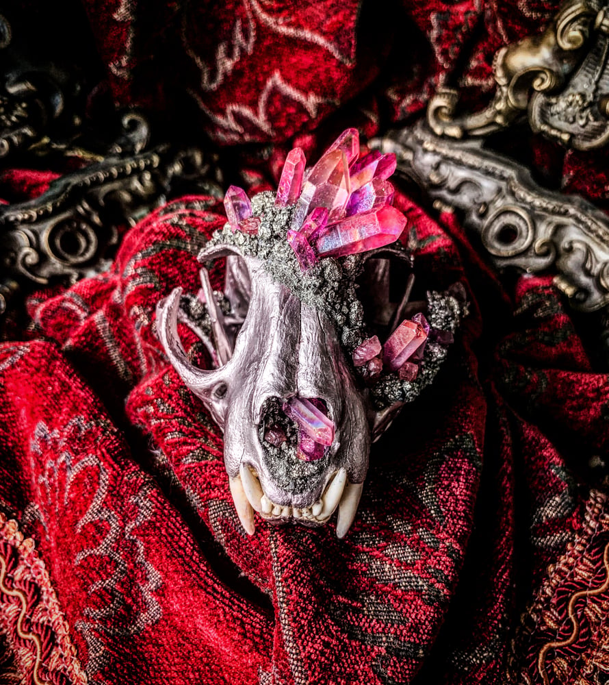 Image of Pink Aura Quartz & Pink Tourmaline - Bobcat Skull