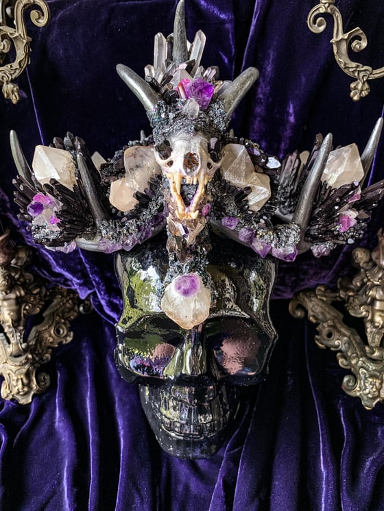 Image of Black Tourmaline, Smokey Quartz, Mink Skull - Antler Crown