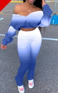 Image 1 of Sportswear  Dew Shoulder Gradient Blue Two piece pants Set