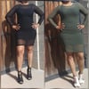 BLACK OR OLIVE SHEER MESH KNIT DRESS LONG SLEEVE ATTACHED CAMI DRESS LINING