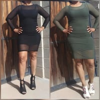 Image 1 of BLACK OR OLIVE SHEER MESH KNIT DRESS LONG SLEEVE ATTACHED CAMI DRESS LINING