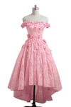 Pink High Low Lace Off Shoulder Party Dress, Pink Prom Dress