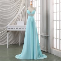 Image 1 of Elegant Blue Beaded Straps Chiffon Long Party Dress, Blue Prom Dress